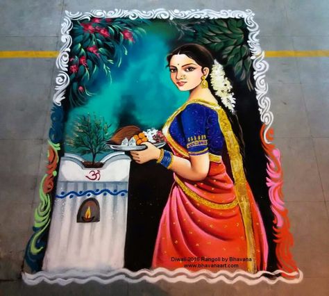 Optimistic with real natural glory of rituals culture.....I loved this immensely. Nature Rangoli Design, Lady Rangoli, Tulsi Rangoli Design, Rangoli Design For Competition, Rangoli Art Design, Cartoons Rangoli Design, Cartoons Rangoli, Rangoli Designs For Competition, Poster Rangoli