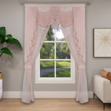 Buy Regal Home 5-PC 84" Long Sheer Cascade Curtain Panels, Valance & Tiebacks, Rose at Walmart.com Princess Curtains, Victorian Curtains, Luxury Curtains, Stylish Curtains, Princess Room, Curtain Valance, Beaded Curtains, Window Valance, Curtains Window Treatments