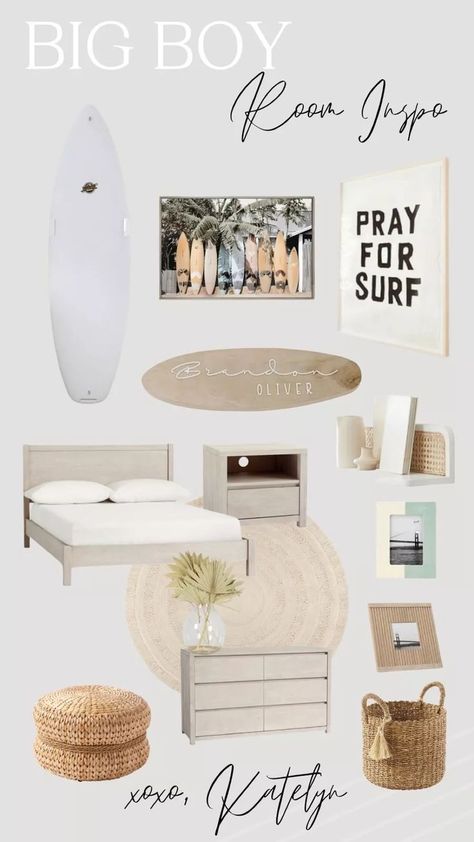 Boy Room Ideas Teenagers, Boy Room Inspiration, Teenager Room Ideas, Surf Room Ideas, Room Decor For Boys, Surf Bedroom, Neutral Room Decor, Surfer Room, Surf Room Decor