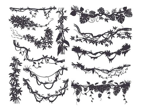 Vector jungle creeper silhouettes tropic... | Premium Vector #Freepik #vector #liana #creeper #ivy-leaf #jungle-plants Jungle Vines Drawing, Jungle Vine Tattoo, Jungle Plants Tattoo, Jungle Tattoos, Jungle Silhouette, Kindness Tree, Tropical Vines, Jungle Vbs, Jungle Drawing