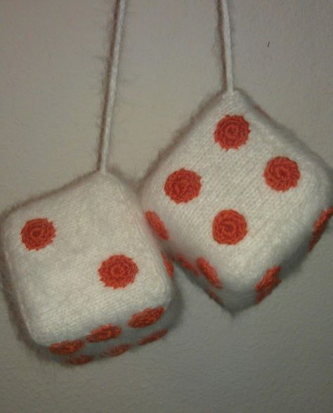 Handmade by Knitter Mama angora fuzzy dice with orange accent crochet dots in wool for a 50's car show Crochet Fuzzy Dice, Fuzzy Dice For Car, Christmas Crochet Car Accessories, Dice Crochet, Christmas Crochet Car Hanger, Crochet Car Dashboard, Fuzzy Dice, Orange Accents, Car Decor