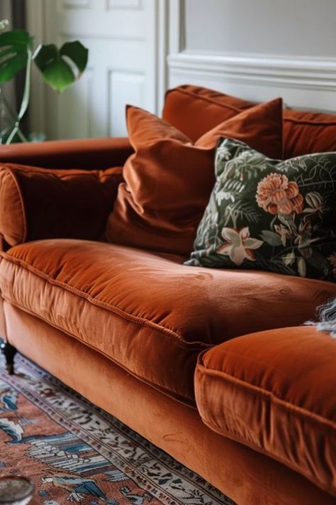 Rust Velvet Sofa: My Chic Living Room Update Rust Velvet Sofa Living Room, Cinnamon Velvet Sofa, Colorful Sofas Ideas Living Room, Orange Velvet Couch Living Room Ideas, Rust Velvet Couch, Rust Couch Living Room, Velvet Furniture Living Room, Rust And Green Living Room, Rust Sofa Living Room