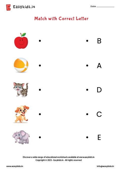 Match Letters With Pictures, Match The Letter With The Picture, Picture Matching Worksheet, Letter Matching Worksheet, Alphabet Practice Sheets, Free English Worksheets, Lkg Worksheets, Alphabet Writing Worksheets, Nursery Worksheets