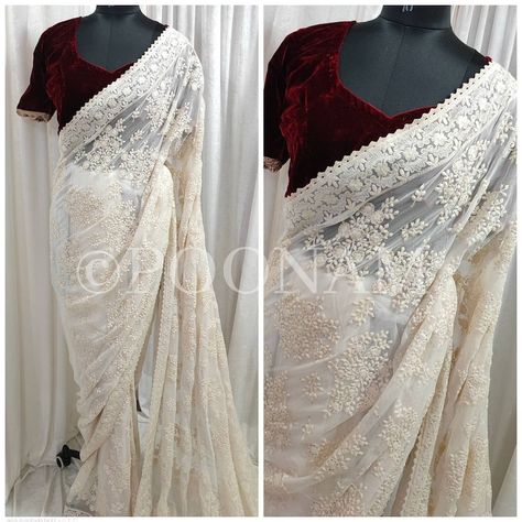 Indian Fashion Lehenga, Hand Embroidery Saree, Parsi Embroidery, Off White Saree, Chikankari Embroidery, Saree Georgette, Pure Georgette Sarees, Bridesmaid Saree, White Saree