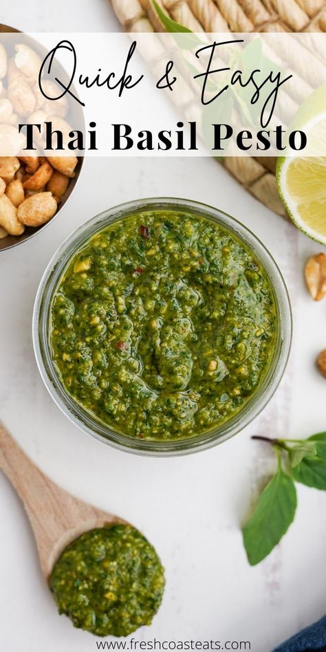 An overhead image of Thai Basil Pesto with a wooden spoon filled with pesto and peanuts in the corner. Thai Basil Pesto, Thai Basil Recipes, Vegan Dressing Recipes, Fresh Basil Recipes, Soy Sauce Rice, Basil Pesto Recipes, Basil Recipes, Herb Recipes, Eat Seasonal