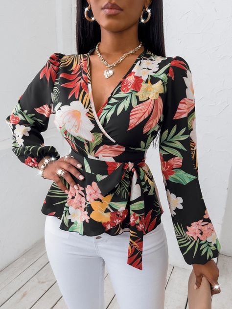 Random Floral Print Wrap Belted Blouse | SHEIN USA English Tops Styles, Stylish Long Tops For Women, Wrap Shirt Outfit, Floral Shirts Women, Floral Blouse Designs, Classy Blouses, Printed Blouses, Printed Chiffon Blouse, Floral Shirt Women