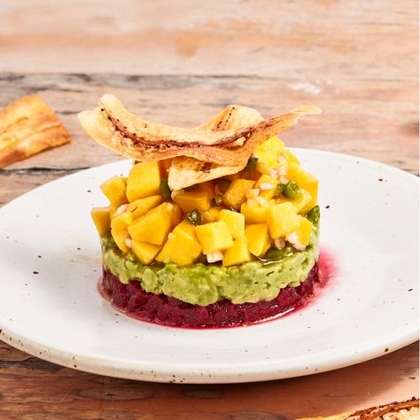 Mango, Beet & Avocado Tartare with Plantain Chips Avocado Tartare, Restaurants In New York City, Restaurants In New York, Plantain Chips, Mashed Avocado, Chips Recipe, Menu Board, Vegan Appetizers, Ripe Avocado