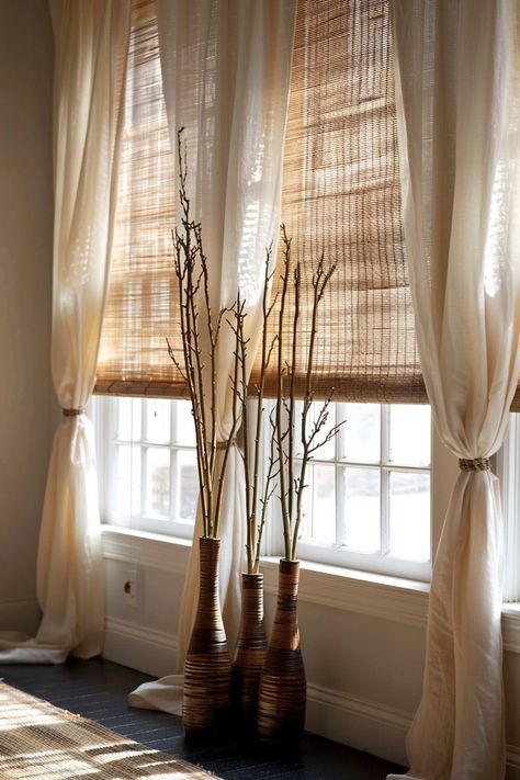 blinds-and-curtains-together Framed Windows With Curtains, Swag Valance Ideas, Interior Design Living Room Curtains, Curtain Blinds Living Room, Curtain Ideas For Dining Room, Dining Room With Curtains, French Blinds, Half Shutters Interior Window, Bay Window Ideas Curtains