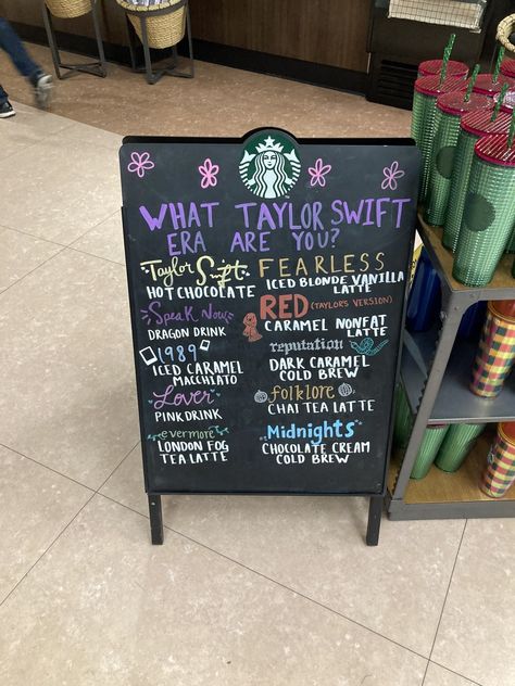 Eras Tour Starbucks Drinks, Taylor Swift Themed Starbucks Drinks, Taylor Swift Eras As Starbucks Drinks, Starbucks Drinks Taylor Swift, Taylor Swift Inspired Starbucks Drinks, Taylor Swift Starbucks Drink, Starbucks Board Ideas, Starbies Drinks, Starbucks Drink Menu