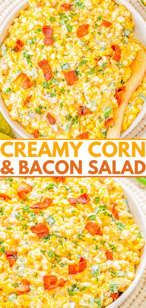 Creamy Corn and Bacon Salad - This EASY creamy corn salad with crispy bacon, jalapeño peppers and green onions for extra flavor, and plenty of shredded cheese will be a few FAVORITE side dish! Perfect for your next picnic, potluck, barbecue, or summer holiday like the 4th of July or Labor Day and it's ready in 15 minutes! Corn And Bacon Salad, Creamy Corn Salad, Corn Salad Recipe Easy, Easy Corn Salad, Elote Recipe, Picnic Potluck, Jalapeño Peppers, Easy Corn, Bbq Side