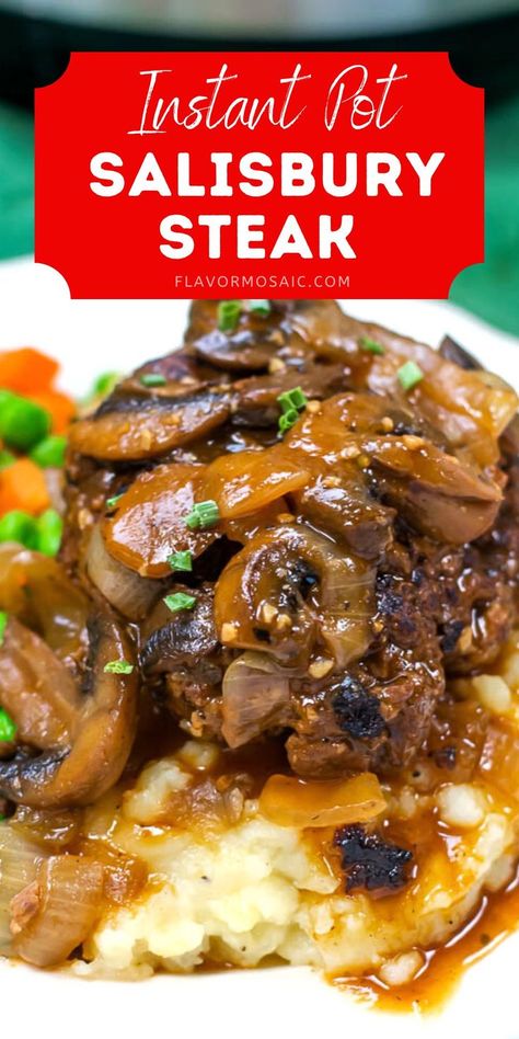 Salisbury steak (hamburger steak) covered in onions and mushroom, and the Salisbury steak gravy flowing down the sides of the mashed potatoes underneath with peas and carrots on the left side as a side dish. Onion And Mushroom Gravy, Instant Pot Salisbury Steak, Salisbury Steak With Mushroom Gravy, بطاطس مهروسة, Easy Salisbury Steak, Slow Cooker Salisbury Steak, Making Fried Chicken, Easy Steak Recipes, Comfort Food Recipes Dinners