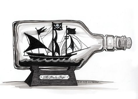 Day twenty-two: A model pirate ship in a bottle languished on a shelf in the corner, a vestige of his youth. #Inktober2017 Ship In A Bottle Drawing, Ship In A Bottle Tattoo, Ship In A Bottle, Pirate Ship Drawing, Pirate Ship Tattoo, Pirate Ship Tattoos, Ship Sketch, Pirate Ship Art, Ship In Bottle