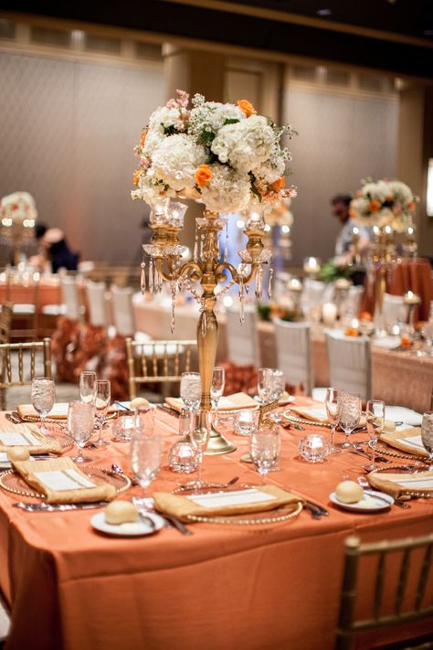 Orange Gold Wedding Theme, Brown And Peach Wedding, Orange And Gold Wedding Theme, Orange And Gold Wedding, Orange Gold Wedding, Orange Quinceanera, Ramadhan Decor, Peach And Gold Wedding, Peach Wedding Centerpieces