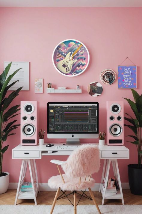 Home bedroom refresh idea with music studio setup in pink! Get the Y2K maximalist guitar wall clock through my Zazzle link. Home Recording Studio Aesthetic, Music Studio Setup, Y2k Vaporwave, Recording Studio Aesthetic, Home Music Studio Ideas, Y2k Maximalist, Music Studio Aesthetic, Electric Guitar Music, Studio Aesthetic