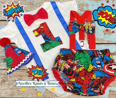 Boys Avengers 1st Birthday Outfit, Superhero Cake Smash Outfit Boys – Needles Knots n Bows Second Birthday Outfit, 1st Birthday Outfit Boy, 2nd Birthday Photos, Cake Smash Outfit Boy, Boys Cake, Boys Birthday Outfits, Avengers 1, Smash Cake Boy, 1st Birthday Outfit