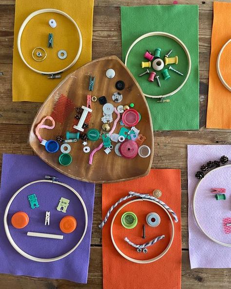 Bar & Shannon on Instagram: "Embroidery hoops are such a versatile and open ended material to use in both art and play. Pair with some loose parts and colored felt or paper for this playful art invitation. Children can make faces, radial designs like mandalas, or explore in any way they choose! 🧡💛💜💚" Open Ended Art, Playful Art, Imaginary Play, Creative Curriculum, Art Invitation, Creative Invitations, Cool Art Projects, English Art, Loose Parts