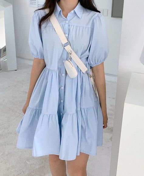 Blue Aesthetic Outfit Korean, Blue Ootd Korean, Pastel Blue Outfit Korean, Light Blue Korean Outfit, Blue Dress Casual Outfit, Pastel Blue Outfit Aesthetic, Outer Outfit Korean, Blue Korean Dress, Blue Academia Aesthetic Outfit