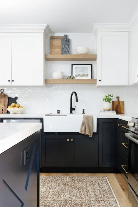 Floating Shelves Above Kitchen Sink, Shelves Over Kitchen Sink, Shelves Above Kitchen Sink, Cabinet Above Sink, Black Lower Cabinets, White Upper Cabinets, Kitchen Floating Shelves, White Farmhouse Sink, Black And White Kitchen