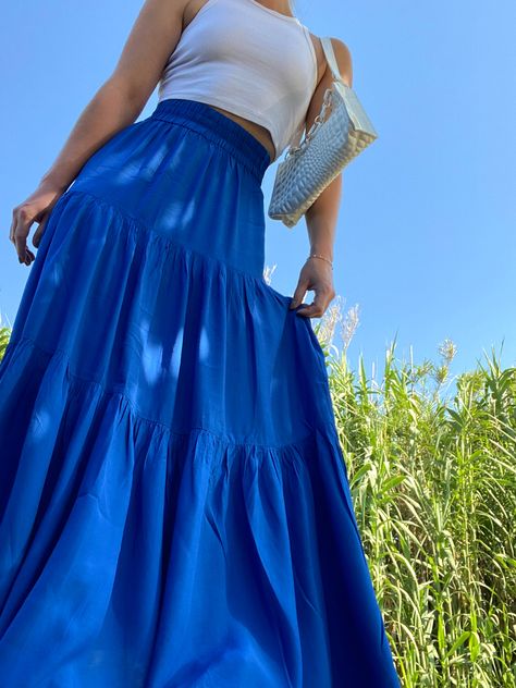 Blue Long Skirt Outfit, Long Blue Skirt Outfit, Colorful Skirt Outfits, Full Skirt Outfit, Blue Long Skirt, Blue Skirt Outfits, Long Blue Skirts, Light Blue Skirts, Modest Skirt