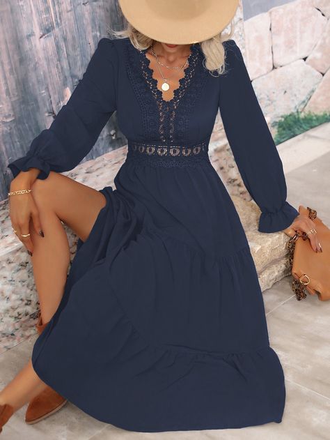 Navy Blue Elegant Collar Long Sleeve Fabric Plain A Line Embellished Non-Stretch  Women Clothing Western Style Dresses For Wedding Mother Of The Bride, Long Sleeve Black Dress Casual, Black Boho Dress Short, Country Western Dresses With Boots, Western Casual Dresses, Country Wedding Guest Dresses, Cowboy Wedding Outfits For Women, All Black Western Outfits Women, Black Dress Western Outfit