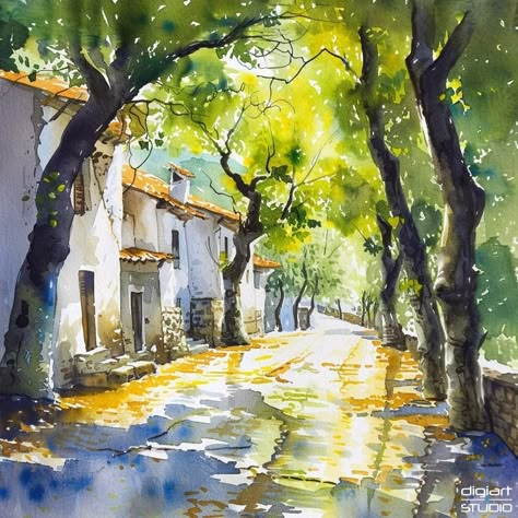 Watercolor Village Landscape, Watercolor Village, Town Watercolor, Wet Watercolor, Watercolour Landscapes, Bright Morning, Watercolor Scenery, Whimsical Art Paintings, Art Tutorials Watercolor