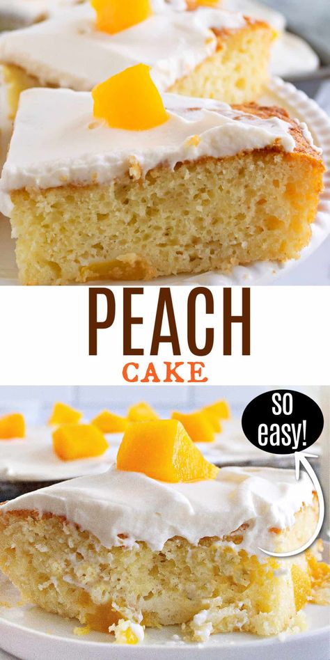 Easy Peach Cake Recipe, Peach Cake Using Box Cake, Peach Cake Recipe Easy, Peach Sheet Cake, Cake With Canned Peaches, White Cake Mix Recipes, Peaches And Cream Cake, Peach Cake Recipe, Gooey Desserts