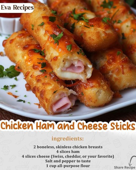 Chicken Ham And Cheese, Mozzarella Cheese Sticks, Chicken Ham, Best Appetizer Recipes, Appetizers Easy Finger Food, Cheese Sticks, Baked Ham, Finger Food Appetizers, Boneless Skinless Chicken