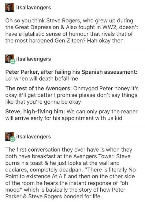 Steve Rogers Fatalistic Humor Peter Parker And Steve Rogers, Mcu Peter Parker Headcanons, Gen Z Peter Parker, Steve X Bucky Headcanon, Fatalistic Humor, Steve Rogers Tumblr, Steve Rogers Headcanon, Peter Parker Headcanon, Bucky And Peter