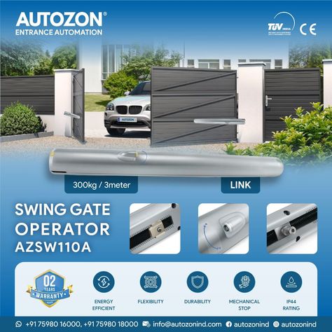 SWING GATE OPERATOR AZSW110A  AUTOZON ENTRANCE AUTOMATION Call: +91 98945 55518 Mail: info@autozonind.com Web: www.autozonind.com  Introducing AUTOZON's Swing Gate Operator - Model AZSW110A. Capable of handling gates up to 300KG and 3 meters, powered by a robust DC motor for smooth and reliable performance.  #autozon #autozonind #entranceautomation #motor #gate #gates #gatemotor #gateopener #gateoperators #gateautomation #gateautomations #gatemanufacturing #automatedgate #electricgate #electricg Gate Motors, Gate Automation, Industrial Equipment, Dc Motor, Gate, Entrance, Quick Saves, Design