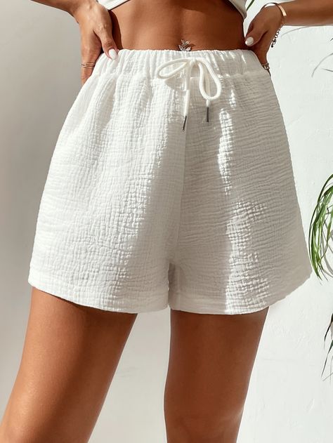 White Casual   Polyester Plain Wide Leg Embellished Non-Stretch Summer Women Bottoms Linen Style Fashion, Short Blanc, Women Bottoms, Drawstring Waist Shorts, Spring Shorts, Elastic Waist Shorts, Women's Wardrobe, Drawstring Shorts, Cozy Knits