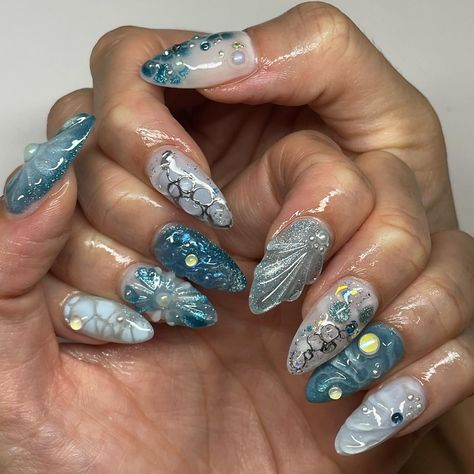 More freestyle ocean nails 🌊 Ocean Nail Inspiration, Ocean Themed Nails Acrylic, Nails Acrylic Ocean, Ocean Theme Nails, Ocean Inspired Nails, Green Ocean Nails, Nails Acrylic Ocean Theme, Black Ocean, Black Nails