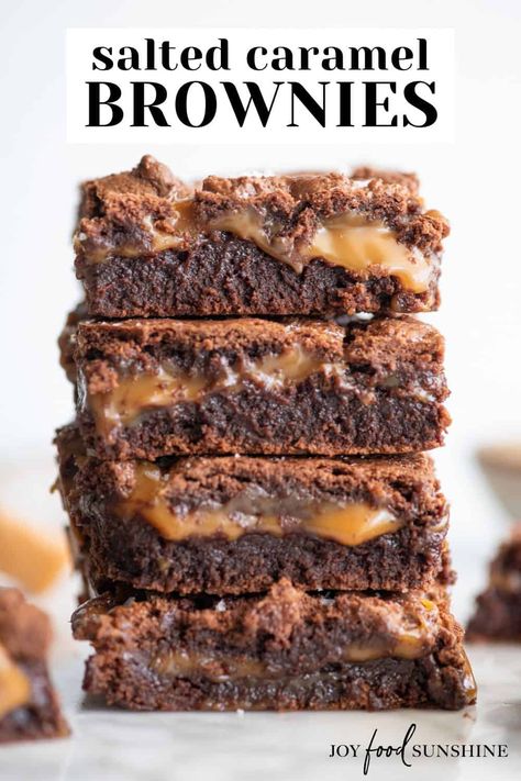 These Salted Caramel Brownies are rich, fudgy and chocolatey. They have a crispy crinkly top with gooey caramel centers, and are topped with flaky sea salt. Salted Caramel Brownie Recipe, Salted Caramel Desserts, Caramel Brownies Recipe, Chocolate Caramel Brownies, Salted Caramel Recipes, Caramel Dessert Recipes, Fudgy Brownie Recipe, Brownies Recipe Homemade, Salted Caramel Brownies