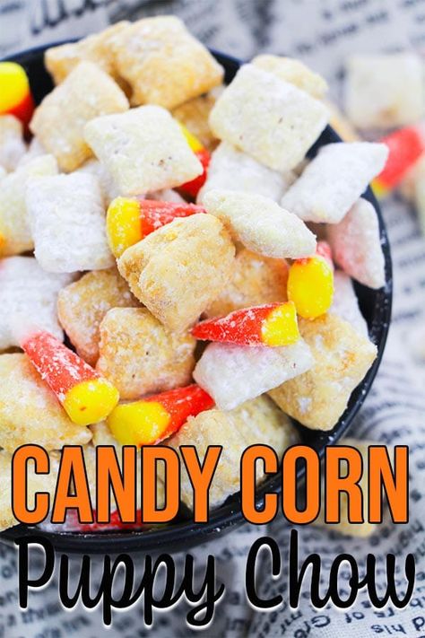 Easy Candy Corn Puppy Chow Chex Mix Recipe - This yummy fall puppy chow recipe is made without peanut butter. It's the perfect treat to serve at Halloween parties or at your family's Thanksgiving. Set it out on the snack or dessert table or even pack it up as a sweet homemade gift. Great way to use up leftover Halloween candy corn too! #candycorn #Halloween #fall #recipe #snack Fall Puppy Chow, Puppy Chow Recipe Without Peanut Butter, Puppy Chow Chex Mix, Puppy Chow Chex, Homemade Puppy Chow, Best Puppy Chow Recipe, Puppy Chow Ingredients, Fall Puppy, Chex Snack Mix