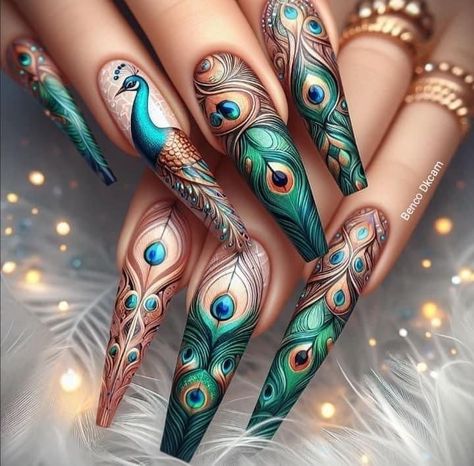 Nail Art Designs Creative, Peacock Nail Designs, Japanese Gel Nails, School Challenges, Peacock Nail Art, Beautiful Nails Design, Peacock Nails, Nail Artwork, Rose Nail Art