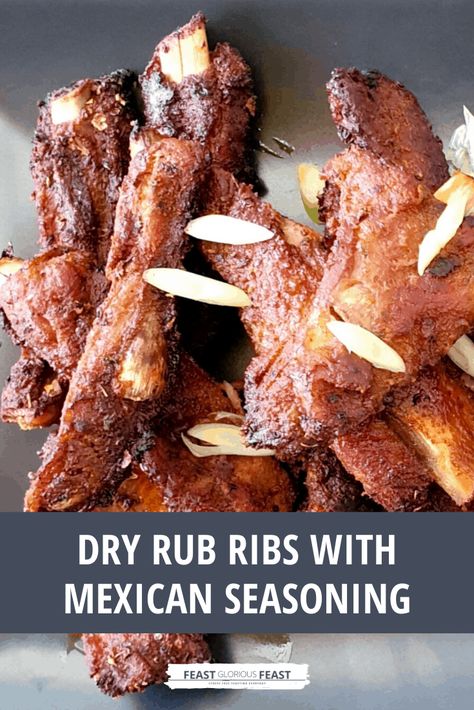 My Dry Rub Ribs with Mexican Seasoning provide absolute maximum taste with embarrassingly minimal effort. Simply add the seasoning to the ribs, pop them in the oven and leave them until cooked. The taste pay-off despite such ease is phenomenal! #spareribs #glutenfree #dairyfree #mexicanflavours #dryrub #porkribs #ovenbakedribs #bakedribs Dry Rub Ribs, Mexican Marinade, Pork Riblets, Feast Recipes, Dry Rub For Ribs, Oven Baked Ribs, Vegetarian Bbq, Mexican Seasoning, Pork Spare Ribs