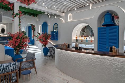 Opa Kipos Restaurant, Mumbai - Restaurant Interior Design on Love That Design Greek Style Cafe Design, Greek Bakery Design, Mykonos Restaurant Interior Design, Greek Cafe Interior Design, Greek Restaurant Interior Design, Greek Restaurant Interior, Santorini Interior, Greek Hotel, Mykonos Restaurant