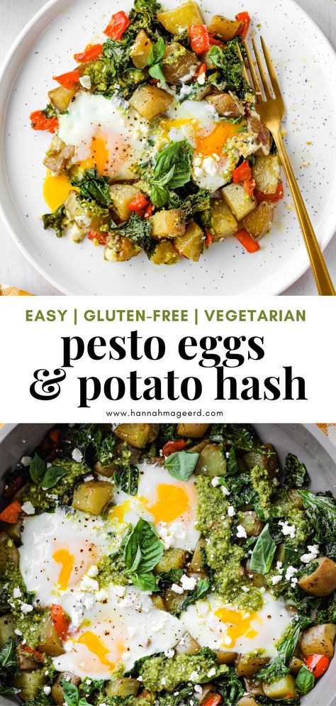 Pesto eggs are trending! This Pesto Eggs & Potato Skillet is makes a quick, easy, and healthy one-pan meal for any time of the day. The best part? You'll only have one dish to clean afterwards! #pestoeggs #pestoeggsskillet #breakfastskillet #breakfasthash #eggskillet #skilletmeals #vegetariandinner #glutenfreemeals #eggsfordinner #eggsanytime Healthy Egg Recipes Clean Eating, Eggs With Pesto, Pesto Breakfast Ideas, Pesto Eggs Breakfast, One Pot Breakfast, Pesto Breakfast, Nourishing Bowls, Pesto Eggs, Veggie Skillet