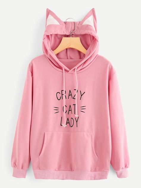 Sudadera con capucha con orejas de gato y texto impreso | SHEIN ES Footed Leggings, Drop Shoulder Hoodie, Period Clothing, Mode Casual, Ladies Clothing, Outfit Trends, Winter Hoodies, Sweatshirts Online, Hoodie Outfit