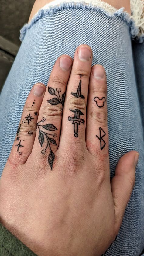 Danti hand tattoos Stars Vines Dagger Viking rune - healing Mickey Mouse Rune Hand Tattoo, Dagger Hand Tattoo, Hand Tattoos Stars, Vine Hand Tattoo, Tattoos Stars, Hand Tats, Dagger Tattoo, Viking Runes, Hand Tattoo