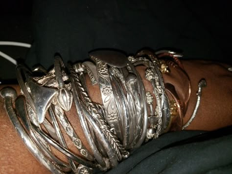 Jean Aesthetic, Guyanese Recipes, West Indian Bangles, Ears Jewelry, Funky Bracelet, Layered Bangles, Silver Bracelet Stack, Dollar Signs, Unique Dangle Earrings