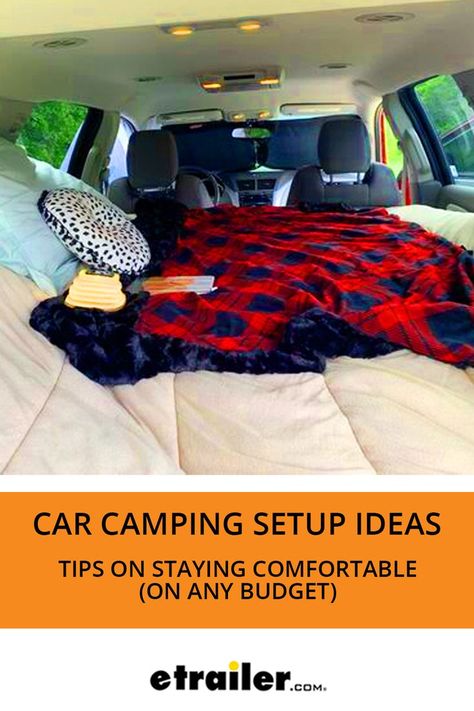 Interior of car camping setup: polka-dot pillow and flannel blanket on sleeping bag in back of Chevy Traverse Car Camping Setup, Camping Setup Ideas, Camp Setup, Camping Setup, Camping Set Up, Car Camper, Setup Ideas, Camper Conversion, Can You Be