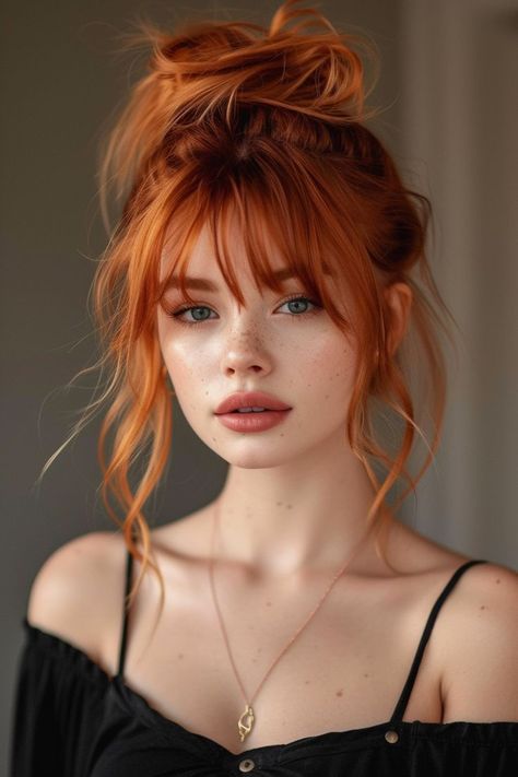 Bangs On Red Hair, Red Long Hair With Bangs, Makeup Ginger Hair, Ginger Hair With Bangs, Redhead Bangs, Trendy Womens Haircuts, Ginger Person, Curl Hairstyles, Redhead Hair