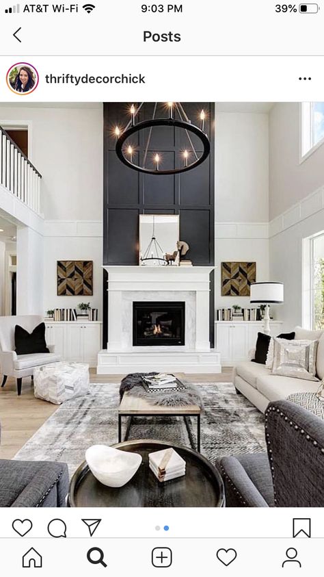 2 Story Focal Wall Ideas, 2 Story Living Room Ideas, High Ceiling Fireplace Wall, Home Living Room Decor Ideas, 2 Story Fireplace, High Fireplace, Tall Ceiling Living Room, Fireplace Accent Walls, High Ceiling Living Room