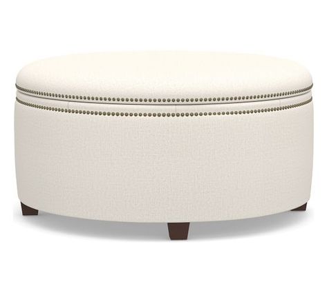 Tamsen Round Storage Ottoman | Pottery Barn Round Storage Ottoman, Tufted Ottoman, Round Storage, Small Cabinet, Wall Candle Holders, Round Ottoman, Upholstered Ottoman, Free Interior Design, Hinged Lid