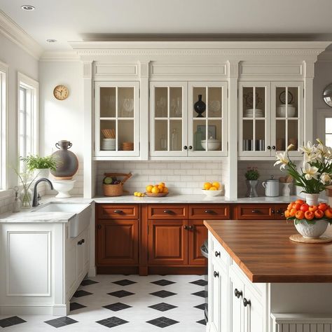 Design a stately Federal Greek Revival kitchen with columned glass-front cabinets and classical crown molding. #FederalGreekRevival #HistoricalElegance 🏛️ Queen Anne Kitchen, Greek Inspired Kitchen, Greek Revival Farmhouse Interior, Federation Kitchen, French Colonial Kitchen, Greek Revival Kitchen, Colonial Revival Kitchen, Colonial Style Kitchen, Modern Crown Molding