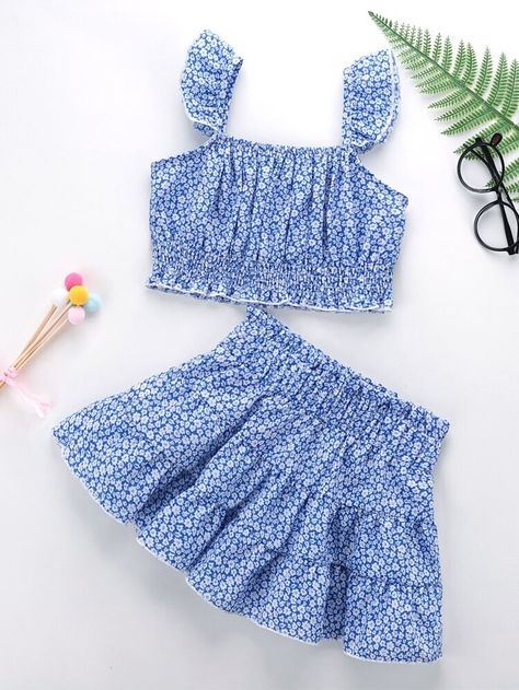 Toddler Girls Floral Print Ruffle Trim Top & Paperbag Waist Skirt | SHEIN USA Winter Dinner Outfit, Ruffle Trim Top, Frocks For Girls, Printed Sleeveless Top, Trim Top, Girls Boutique, Dresses Kids Girl, Kids Fashion Girl