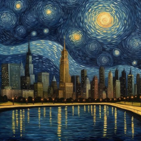 Starry Night City, Starry Night Digital Art, Starry Night Illustration, Starry Night Aesthetic, Starry Night Theme, City Skyline Night, Night Theme, Chicago At Night, Lala Land