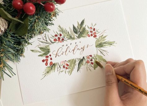 Painting Vibes, Card Lettering, Painted Christmas Cards, Stamped Christmas Cards, Christmas Card Inspiration, Christmas Card Art, Card Layouts, Watercolor Christmas Cards, Christmas Card Crafts