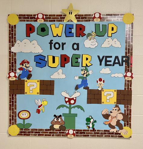 Video Game Theme Bulletin Board Ideas, School Age Bulletin Boards Ideas, Event Bulletin Board Ideas, Table Set Up Classroom, Mario Bulletin Board Ideas, Video Game Themed Bulletin Boards, Sneaker Bulletin Board Ideas, Gaming Classroom Themes, Mario Classroom Door