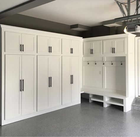 Storage with mud area Garage Pantry Storage Ideas, Storage Ideas When Building A House, Garage To Closet Conversion, Storage In New Build, Adding Third Stall To Garage, Garage Storage Built In, 3 Car Tandem Garage Organization Ideas, Garage Mudroom Lockers, How To Add Storage To A House